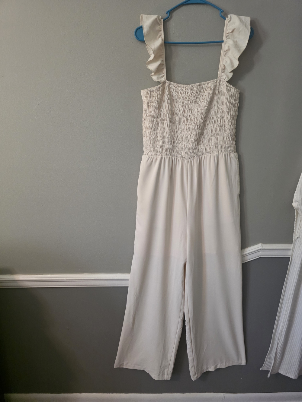 Women's Cream Smocked Jumpsuit with Ruffle Straps